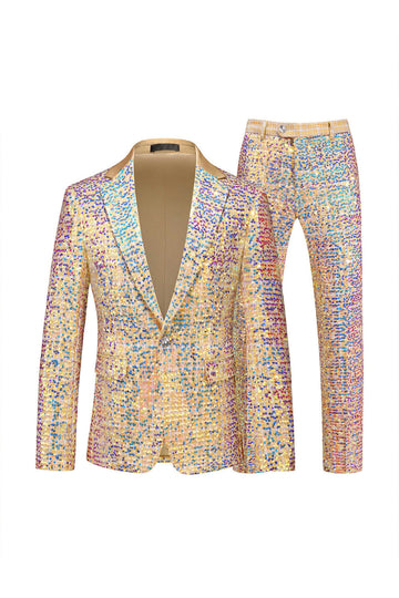 Champagne Sequin Simple Boutonnage Cranté Revers Imprimé 2 Pièces Costumes de Bal Homme